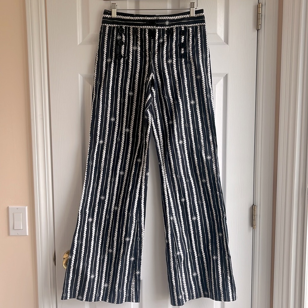 Tory Burch Logo High Wasit Wide Leg Cotton Trousers